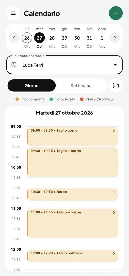Calendario del negoziante nell'app Prenoty