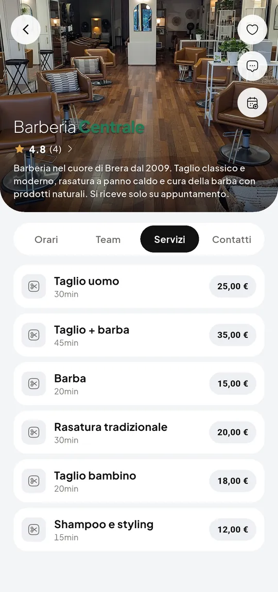 Scheda di un negozio nell'app Prenoty